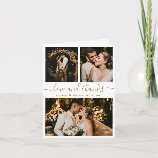 Stylish Gold and White Wedding Photo Collage Thank You Card (Front)