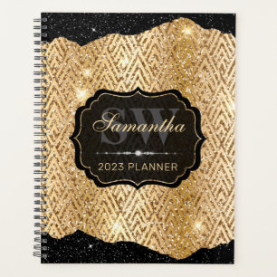 Stylish Gold Art Deco & Black Glitter Monogram Planner
