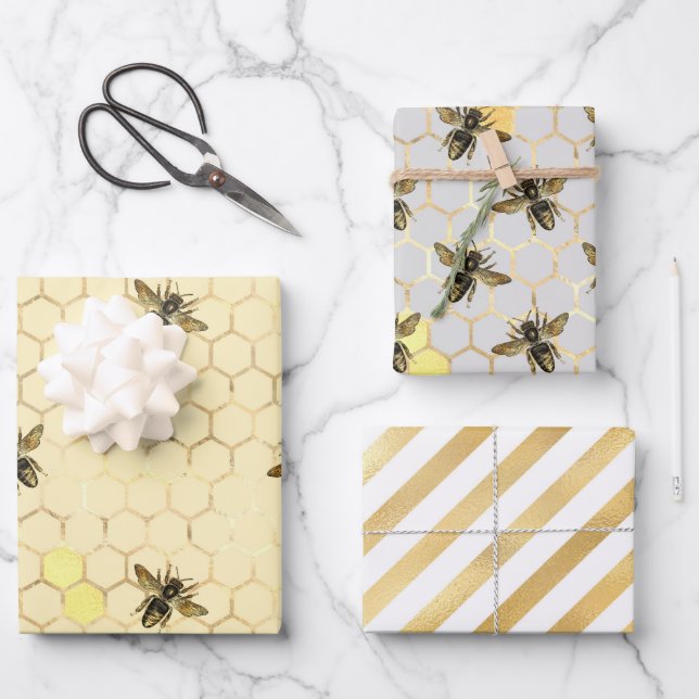 Stylish Gold Bees Honeycomb Honey Stripes Wrapping Paper Sheet (Front)