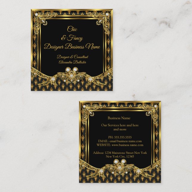 Stylish Gold Black Damask Elegant Designer Square Business Card (Front/Back)