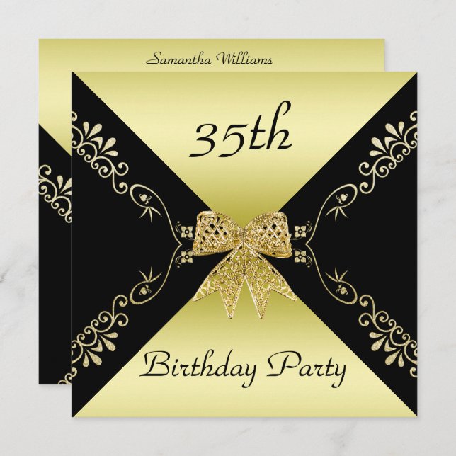 Stylish Gold & Black Decorative Bow 35th Birthday Invitation (Front/Back)