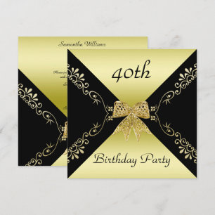 Stylish Gold & Black Decorative Bow 40th Birthday Invitation