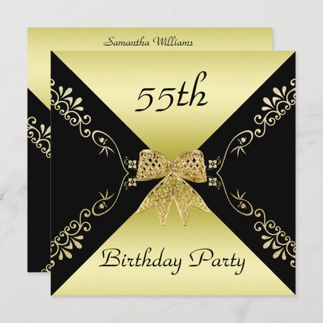 Stylish Gold & Black Decorative Bow 55th Birthday Invitation (Front/Back)