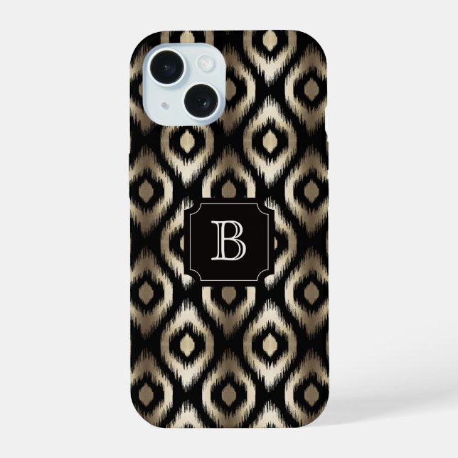 Stylish Gold & Black Diamond Ikat Pattern Monogram iPhone 15 Case (Back)