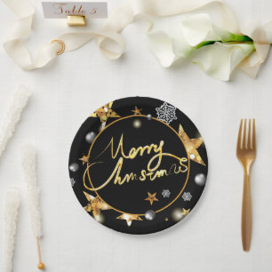 Stylish Gold & Black Stars Metallic Fashion Xmas Paper Plate