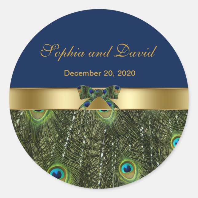Stylish Gold Blue Peacock Wedding Monogram Classic Round Sticker (Front)