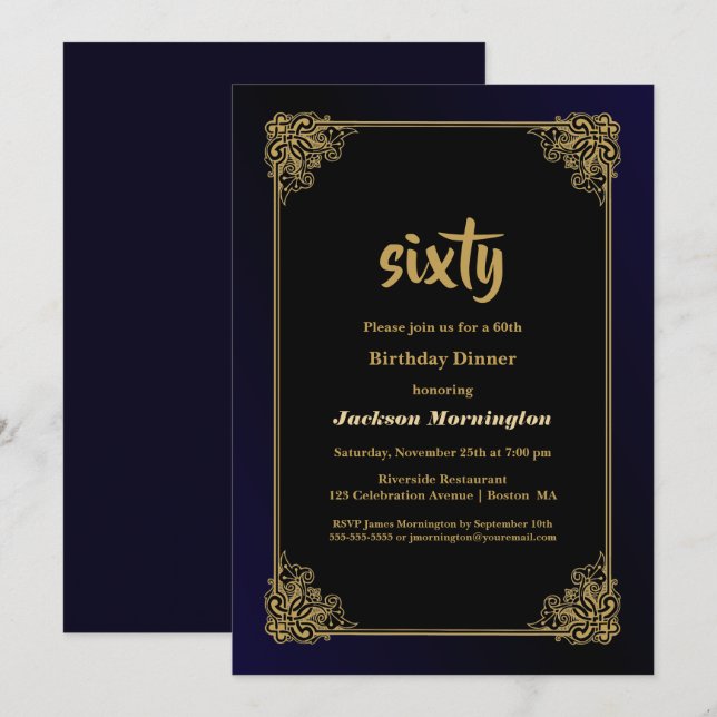 Stylish Gold Border 60th Birthday Dinner Invitation (Front/Back)