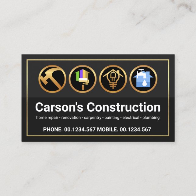 Stylish Gold Border Construction Handyman Tools Business Card (Front)