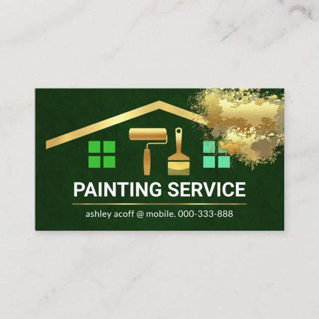 Stylish Gold Brush Building Paint Splatter Business Card (Front)