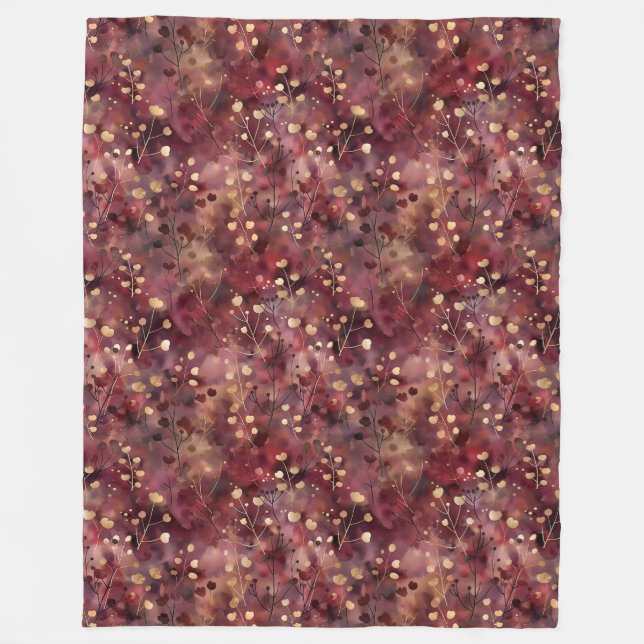 Stylish gold burgundy abstract floral pattern fleece blanket (Front)