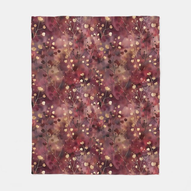 Stylish gold burgundy abstract floral pattern fleece blanket (Front)