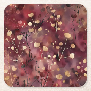 Stylish gold burgundy abstract floral pattern square paper coaster