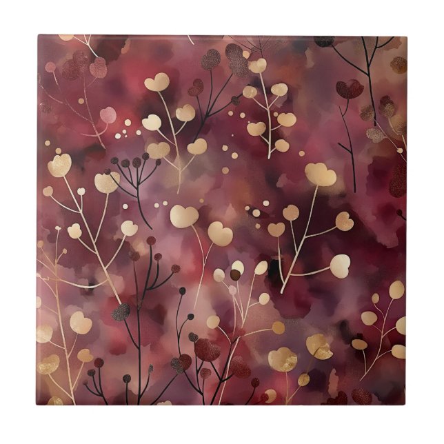 Stylish gold burgundy abstract floral pattern tile (Front)