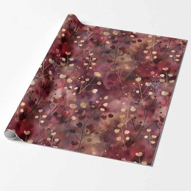 Stylish gold burgundy abstract floral pattern wrapping paper (Unrolled)