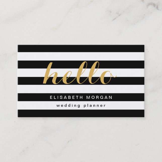 Stylish Gold Calligraphy Hello Black White Stripes Business Card (Front)