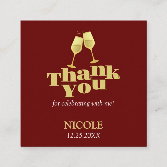 Stylish Gold Champagne Burgundy Birthday Thank You Enclosure Card (Front)