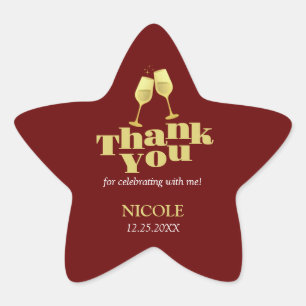 Stylish Gold Champagne Burgundy Birthday Thank You Star Sticker
