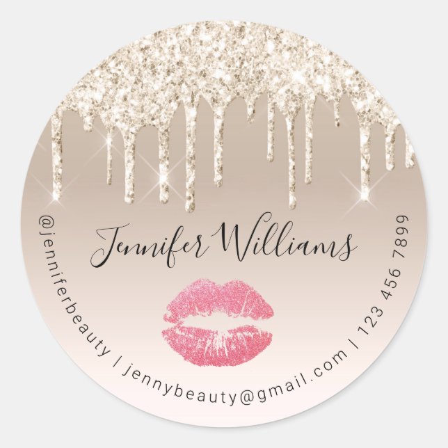 stylish gold champagne dripping glitters  red lips classic round sticker (Front)