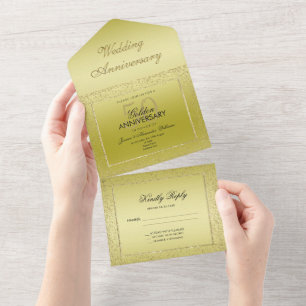 Stylish Gold Confetti 50th Golden Wedding All In One Invitation