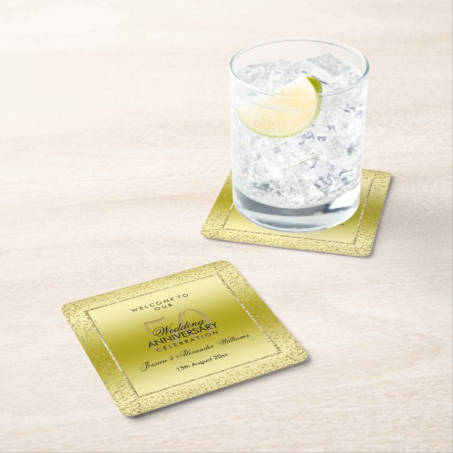 Stylish Gold Confetti 50th Wedding Square  Paper Coaster (Insitu)