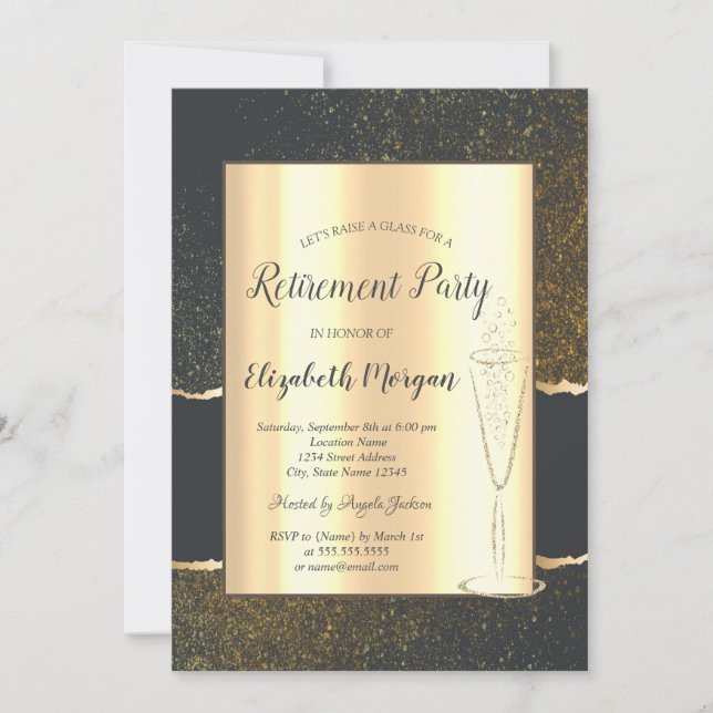 Stylish Gold Confetti Champagne Glass Retirement Invitation (Front)