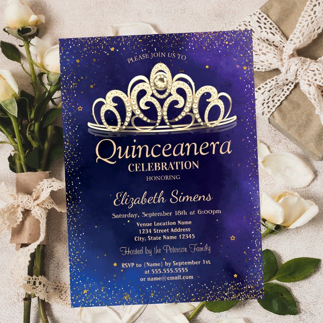 Stylish Gold Confetti Diamond Tiara Quinceañera Invitation (Creator Uploaded)