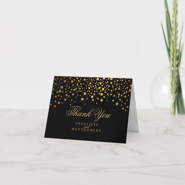 Stylish Gold Confetti Dots | Black Thank You Card (Front)