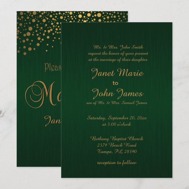 Stylish Gold Confetti Dots | Dark Green Invitation (Front/Back)