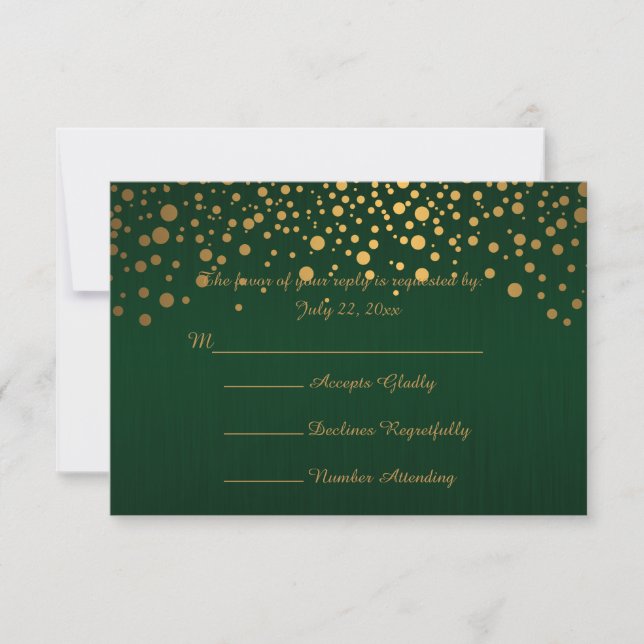 Stylish Gold Confetti Dots | Dark Green RSVP Card (Front)