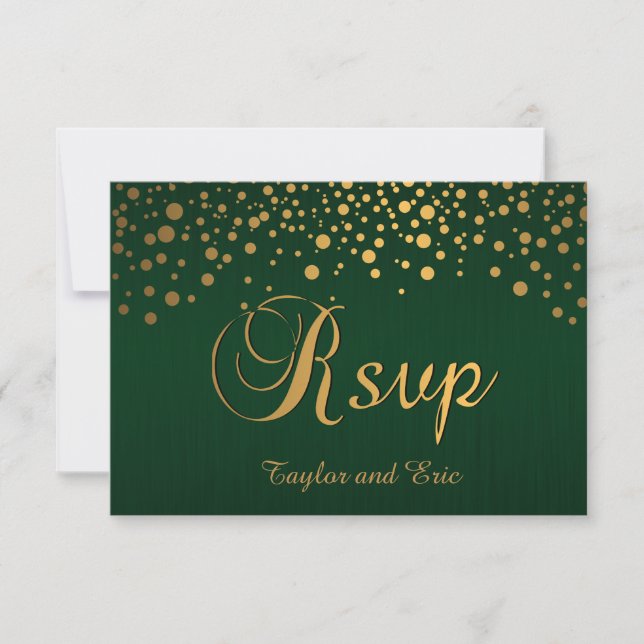 Stylish Gold Confetti Dots | Dark Green RSVP Card (Front)