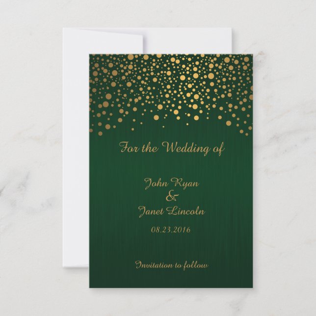 Stylish Gold Confetti Dots | Dark Green Save The Date (Front)