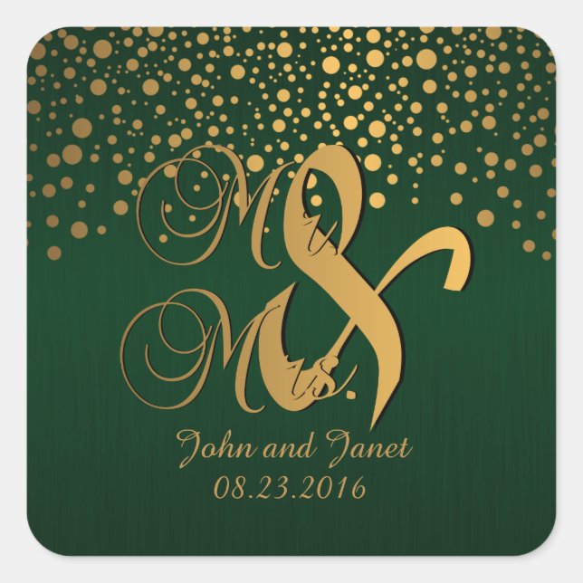 Stylish Gold Confetti Dots | Dark Green Square Sticker (Front)