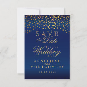 Stylish Gold Confetti Dots   Navy Blue Satin Save The Date