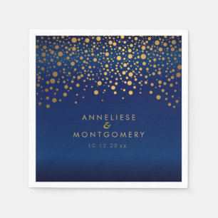 Stylish Gold Confetti Dots on Navy Blue Satin Napkin