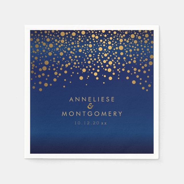 Stylish Gold Confetti Dots on Navy Blue Satin Napkin (Front)