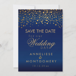 Stylish Gold Confetti Dots on Navy Blue Satin Save The Date