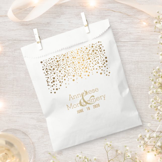 Stylish Gold Confetti Dots on White Favour Bags (Clipped)