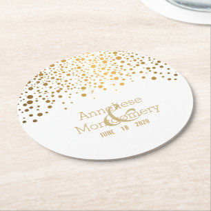 Stylish Gold Confetti Dots on White Round Paper Coaster
