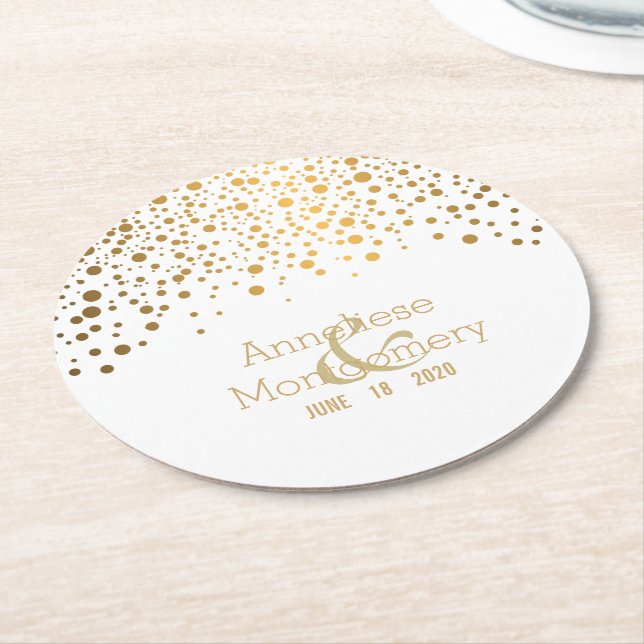 Stylish Gold Confetti Dots on White Round Paper Coaster (Angled)