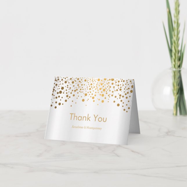 *Stylish Gold Confetti Dots | White Satin Thank You Card (Front)