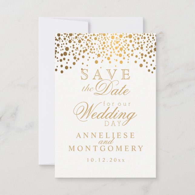 Stylish Gold Confetti Dots | White Save The Date (Front)