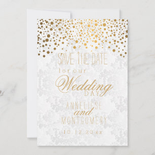 Stylish Gold Confetti Dots White Texture Save The Date