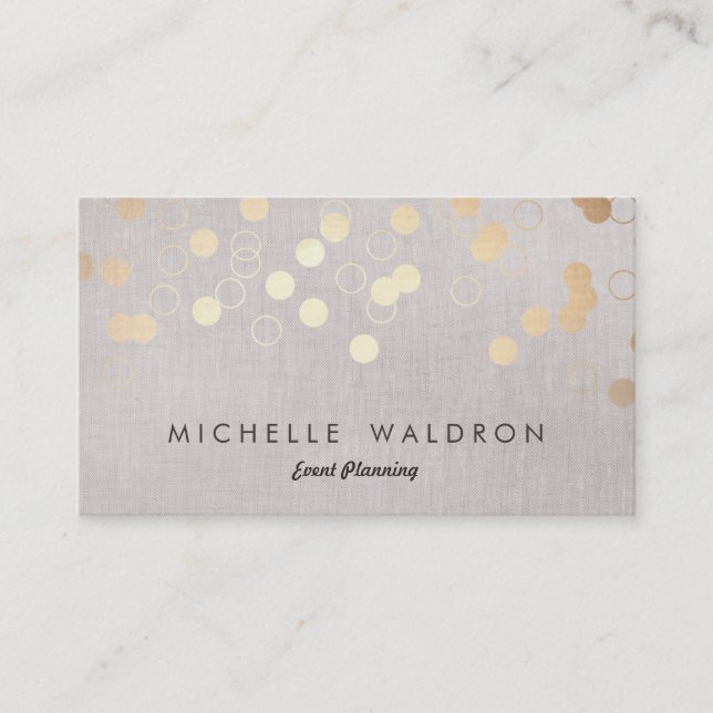 Stylish Gold Confetti Event Planner Taupe Linen Business Card (Front)