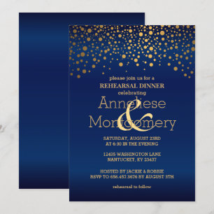 Stylish Gold Confetti & Navy Blue Rehearsal Dinner Invitation