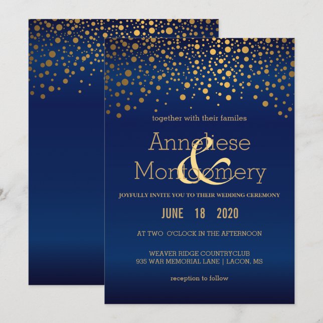 Stylish Gold Confetti Navy Blue Wedding Invitation (Front/Back)