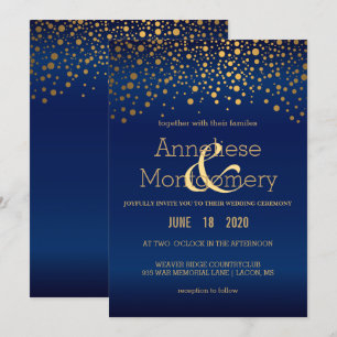 Stylish Gold Confetti Navy Blue Wedding Invitation