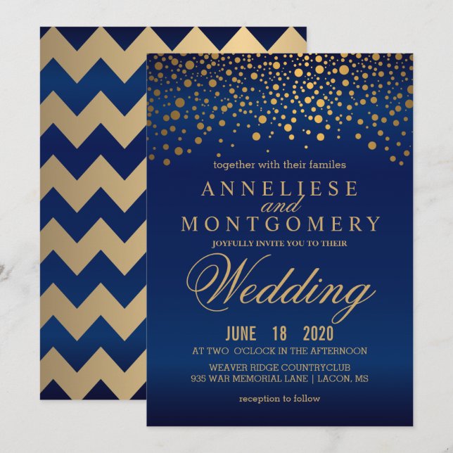 Stylish Gold Confetti Navy Blue Wedding Invitation (Front/Back)