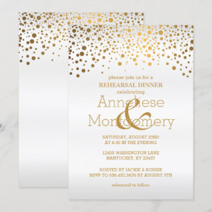 Stylish Gold Confetti & White Rehearsal Dinner Invitation