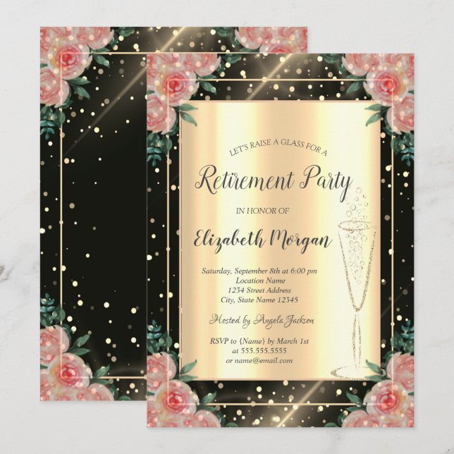 Stylish Gold Confetti Wine Glass Floral Retirement Invitation (Front/Back)