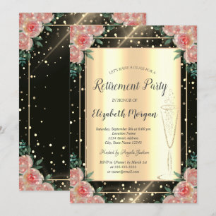 Stylish Gold Confetti Wine Glass Floral Retirement Invitation